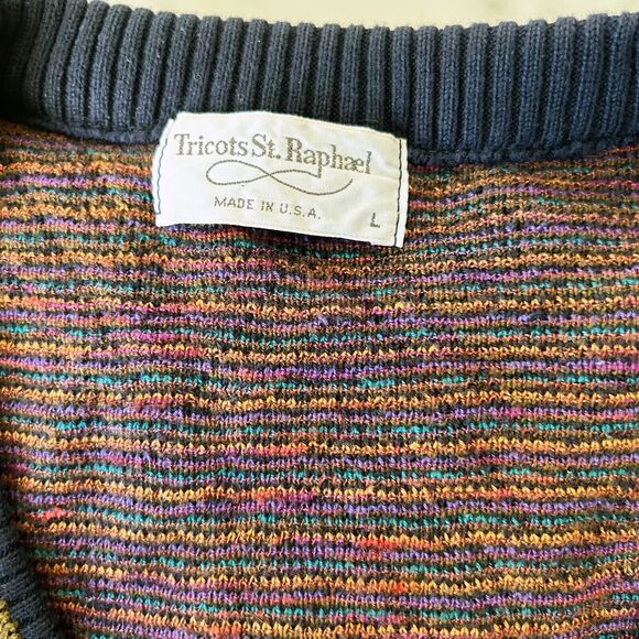 Tricots St Raphael Sweater Vintage 90s V Neck Zig Zag Jewel Tones-Men's Size L - Picture 4 of 9